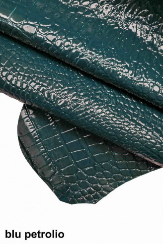 GENUINE leather hide CALFSKIN dark brown crocodile embossed cowhide stiff  calf croc textured glossy cow italian skins