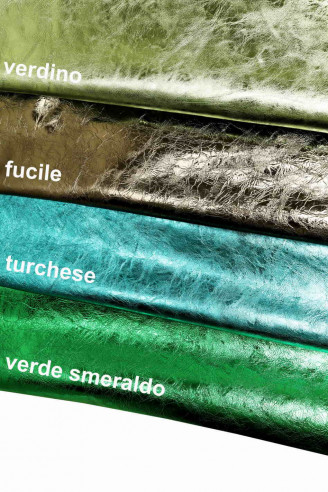 VITELLO LAMINATO pelle stropicciata con lamina fucile verde smeraldo turchese effetto carta cioccolatino, lucida