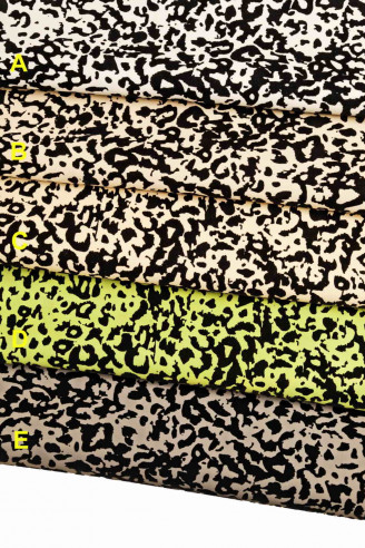 PELLE MACULATA stampata leopardo, pellame floccato nero, pellami colorati leopardati su camoscio e nabuk