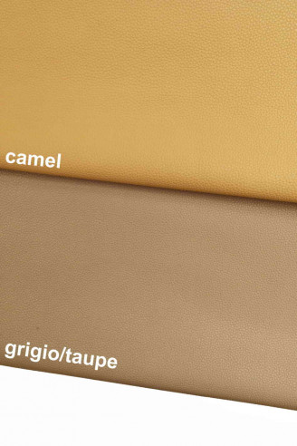 PELLE pieno fiore colore camel, grana dollaro, pellame bottalato grigio taupe per borse e arredamento