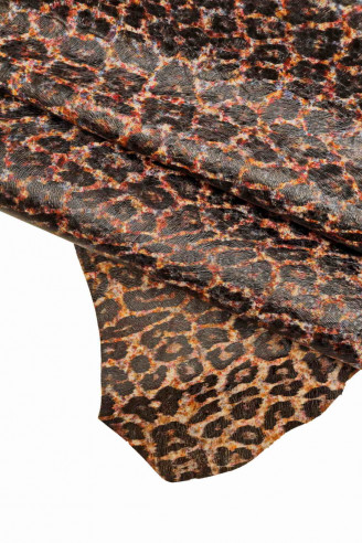 PELLE UNICA, vitello fantasia multicolor schizzo stampata leopardo nero con stampa pelo in rilievo, pellame lucido