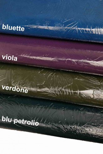 PELLE di VITELLO verniciata stampata -pellame stampa floreale verde petrolio bluette viola - pellame un po' rigido