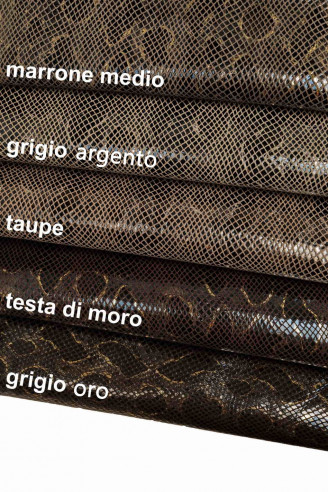 PELLE stampa PITONE , camoscio con lamina stampa pitone blu e contorni oro o argento, 5 colori disponibili