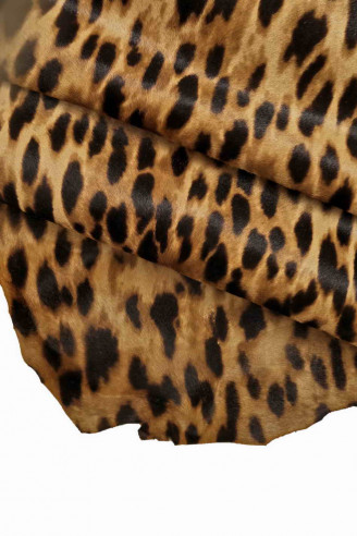 PELLE di CAVALLINO su vitellino maculato base beige con stampa leopard nero/marrone, morbido, luminoso*