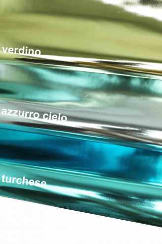 LAMINATO SPECCHIO turchese , pelle mirror verde, metallizato acquamarina super lucida, rigida, pelle italiana