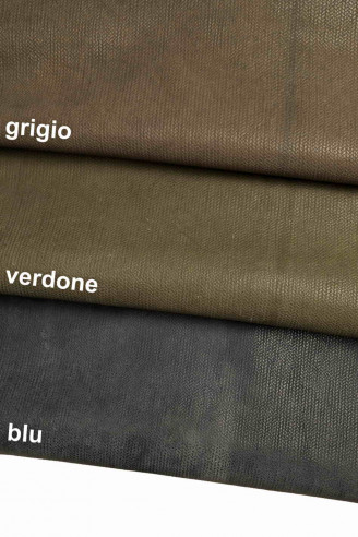 PELLE stampa treccia grigio verde blu - capra  cerata vintage schiarente con stampa intrecciata - cuoio rustico