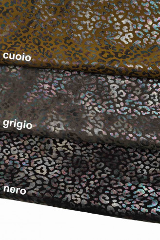 PELLAME OLEOGRAFICO - vitello scamosciato stampa leopardo iridescente -pelle camoscio animalier petrolio