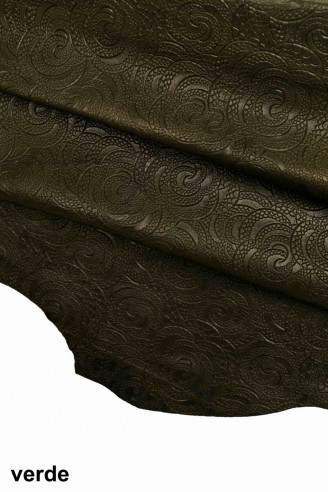 Genuine leather hide goatskin, dark green/blue optical floral embossed goat, floral print, stiff italian skins