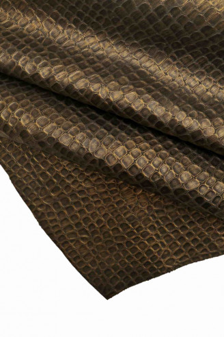 PELLE coccodrillo stampata laminata -pellame cocco colore bronzo effetto anticato -cuoio stampato per cucito