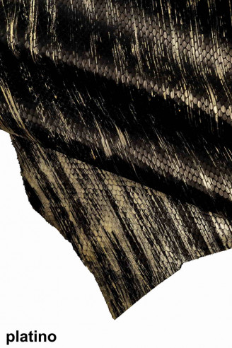 PELLE di vitello stampato pitone nero - disegno artistico a righe laminato oro argento -rettile pattern astratto