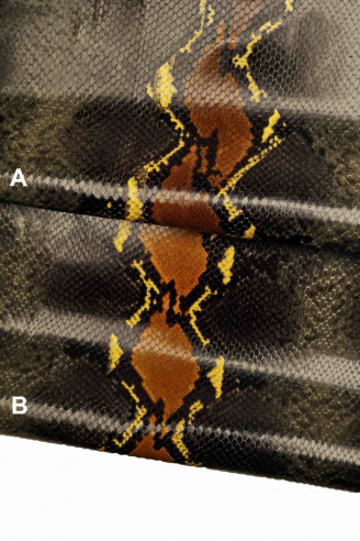 PITONE STAMPATO multicolor verdone, nero, marrone, giallo -pelle stampa rettile colorato- cuoio disegno serpente