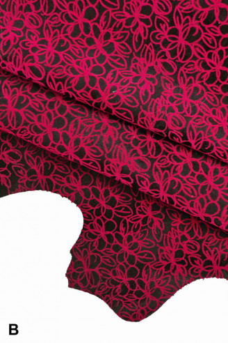 PELLE di vitello STAMPA flock floreale fucsia fluo -pellame bianco e nero stampato fluorescente fuxia