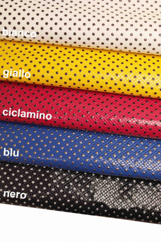 PELLE italiana, mezzo VITELLO verniciato con stampa squametta incisa e stampa pois in rilievo, lucido, 5 colori disponibili