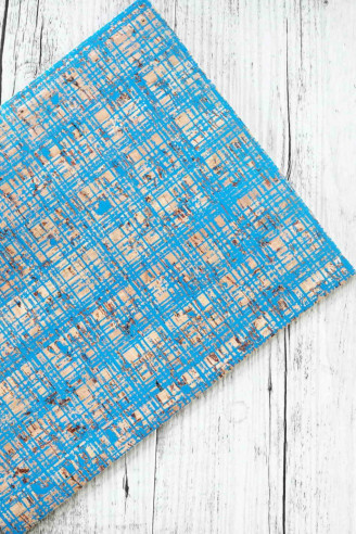 CORK on LEATHER sheets backed natural cork,made in Italy, squares in blue  color print, cream