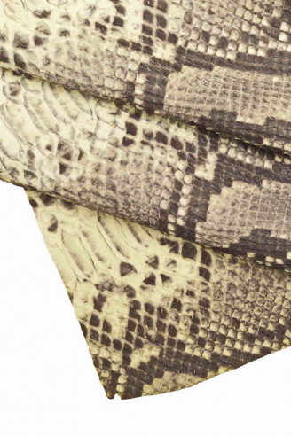 PYTHON printed leather hide - reptile engraved cowhide, gray black snake pattern on beige matt embossed cowhide