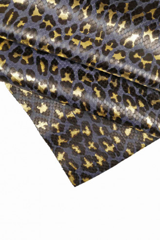 Pelle stampa leopardo, pellame di vitello blu disegno animalier nero - oro laminato