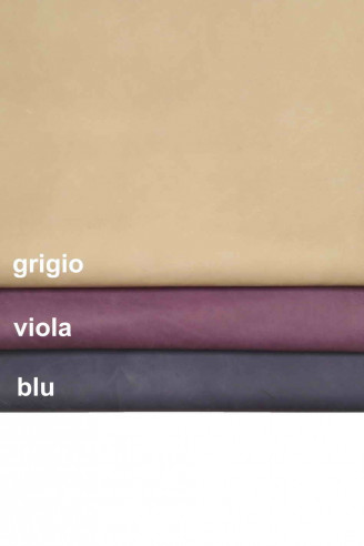 Pelle di nabuk grigio, viola, blu, pellame di camoscio leggermente stropicciato, vitello scamosciato con cera neutra