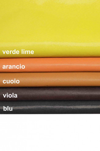 PELLAMI COLORATI verniciati e stampati,  pelle stampa piccola viola, cuoio, arancio, verde lime e blu, lucidi