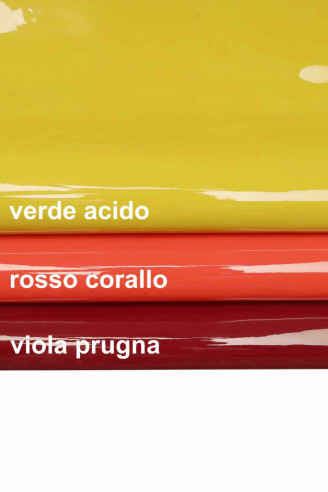 Pelle LUCIDA LACCATA verde acido, rosso corallo, viola prugna, pellami verniciati colorati