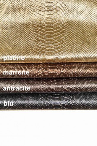 Pelle PITONE LAMINATA invecchiata, pellame metallizzato rettile platino blu bronzo e grigio