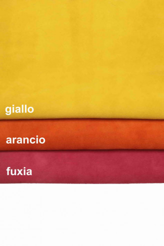 PELLI CAMOSCIO colore giallo, arancio e fucsia, vitello scamosciato morbido, pellami velour colorati