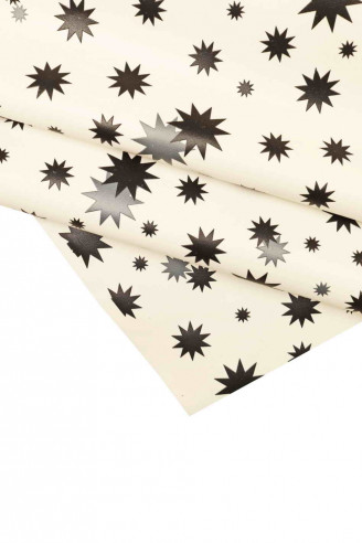 WHITE PRINTED cowhide leather, black stars pattern on calf, thick skins