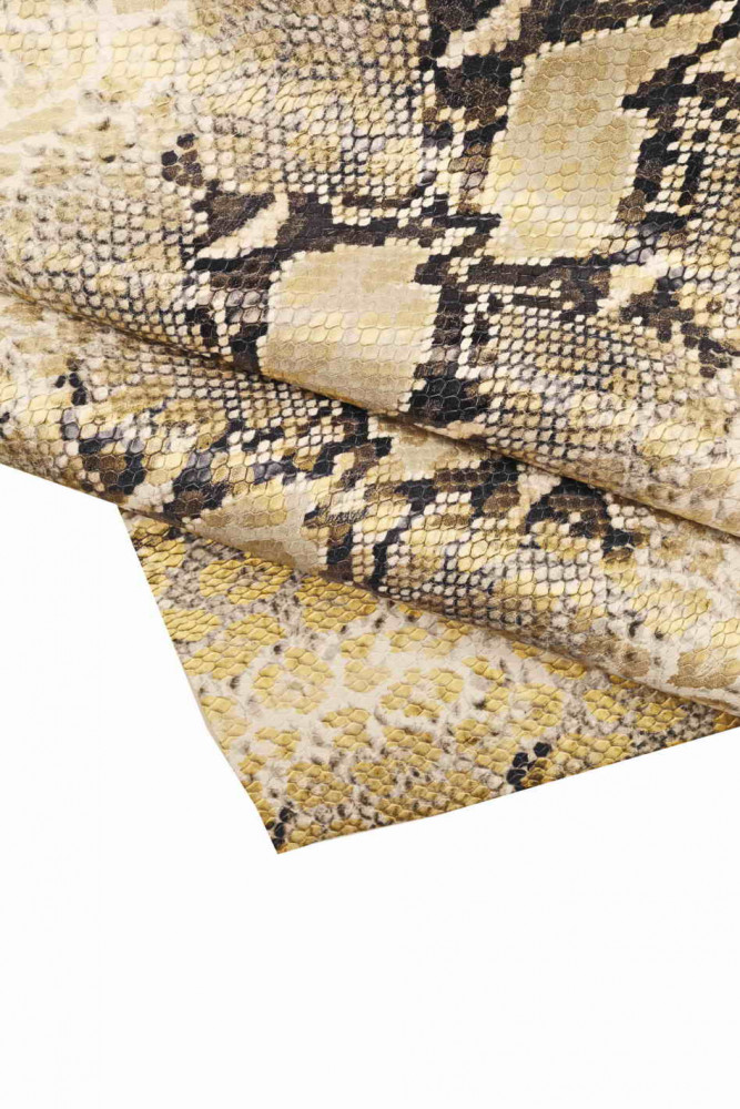 PELLAME stampato PITONE nero grigio bianco, pelle di vitello stampa rettile con macchie leopardo oro