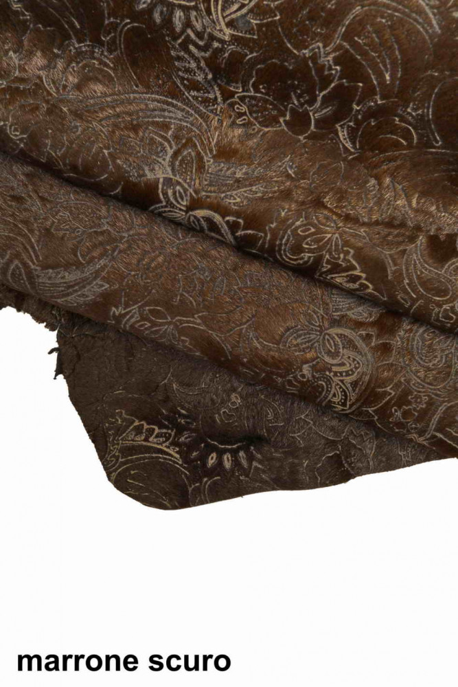 Military green dark brown black HAIR ON leather hide, floral printed pony  calfskin, flower embossed soft cowhide