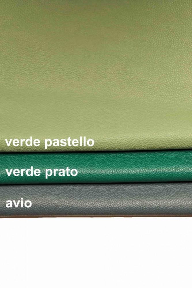 PELLAME con GRANA avio, verde prato, verde pastello, vitello stampa dollaro-cervo, pelle sportiva stampa martellata tinta unita