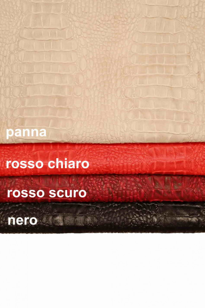 Pelle STAMPA ALLIGATORE panna rosso nero, pellame di capra concia vegetale, stampato coccodrillo