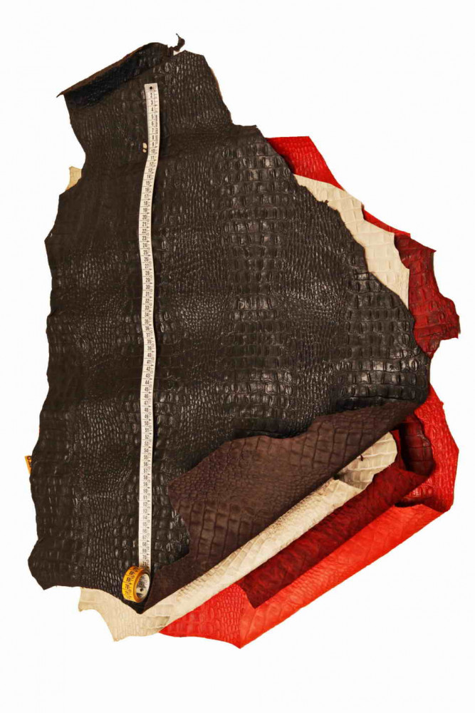 ALLIGATOR CROCODILE leather skin, cream red black, veg tanned croc,  embossed washed goatskin