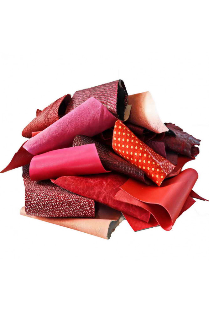 Leather scraps bag, RED color, fancy textures, foils and softness various  0,7 lbs - 0,300 kg