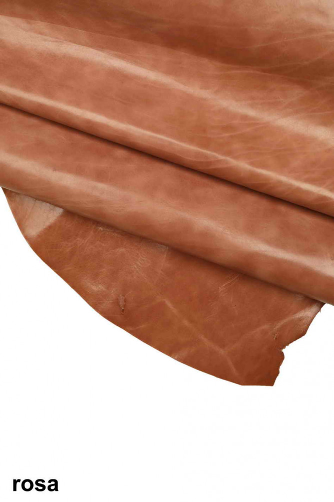 Brown pink tan VEGETABLE TANNED leather hide, vintage crumpled calfskin, distressed cowhide