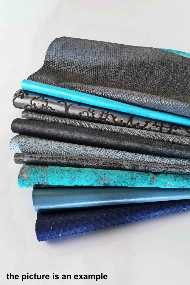Mix leather scraps - BLUE and GREY - fancy textures, prints and softness  various, 10 or 15 italian