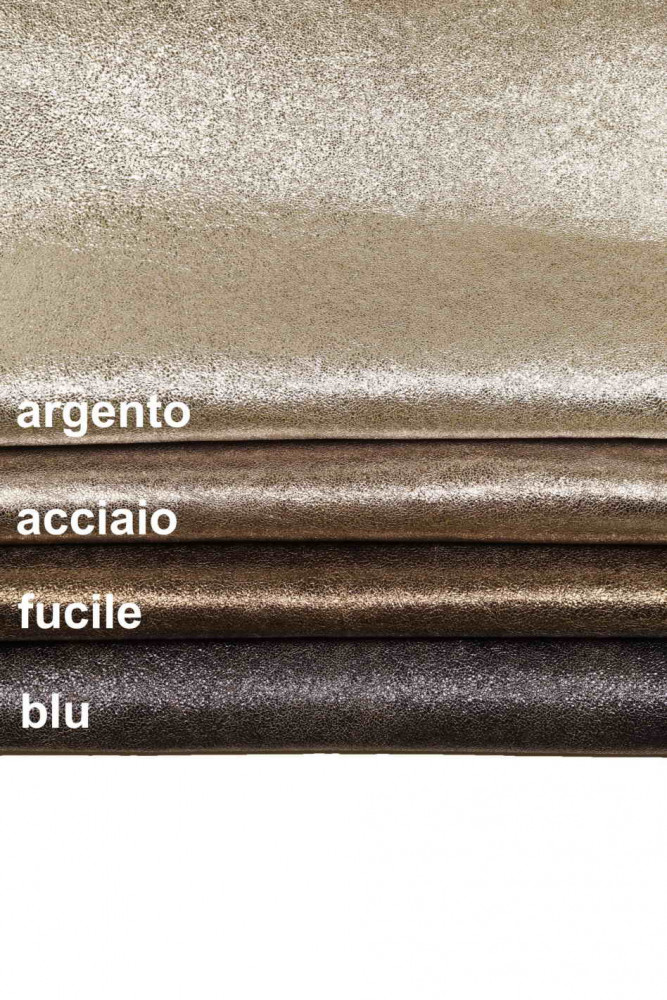 PELLE LAMINATA argento blu fucile acciaio, capra metallizzata con grana piccola, pellame morbido con lamina