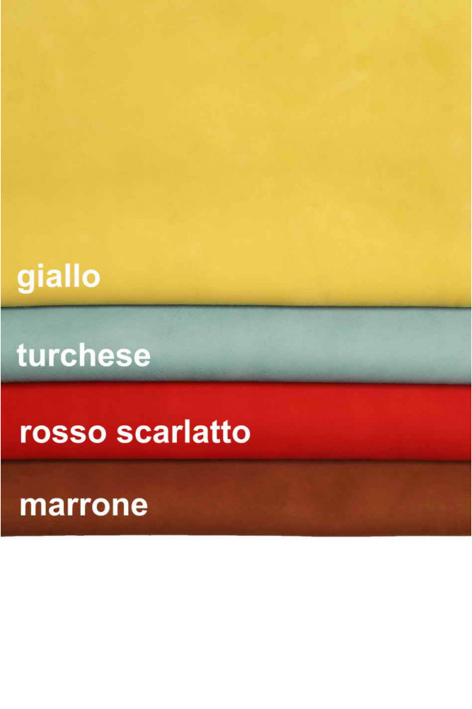 Pelle di CAMOSCIO su CAPRA giallo, turchese, rosso scarlatto, marrone, pellame vellutato dal look classico