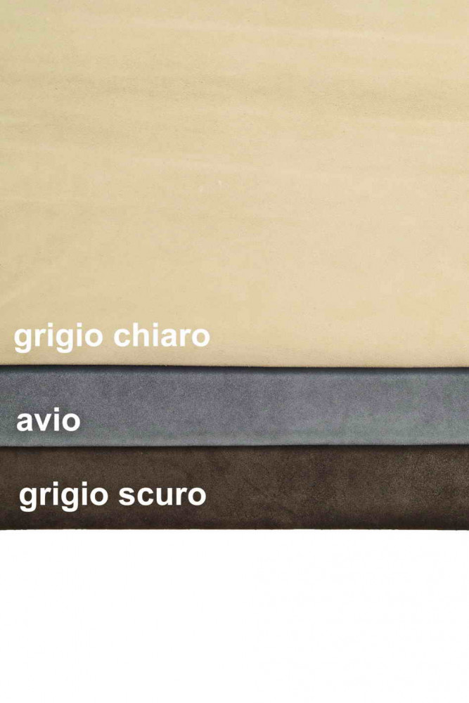 PELLE di CAMOSCIO tinta unita, crosta di vitello color grigio chiaro, azzurro avio, grigio scuro morbida