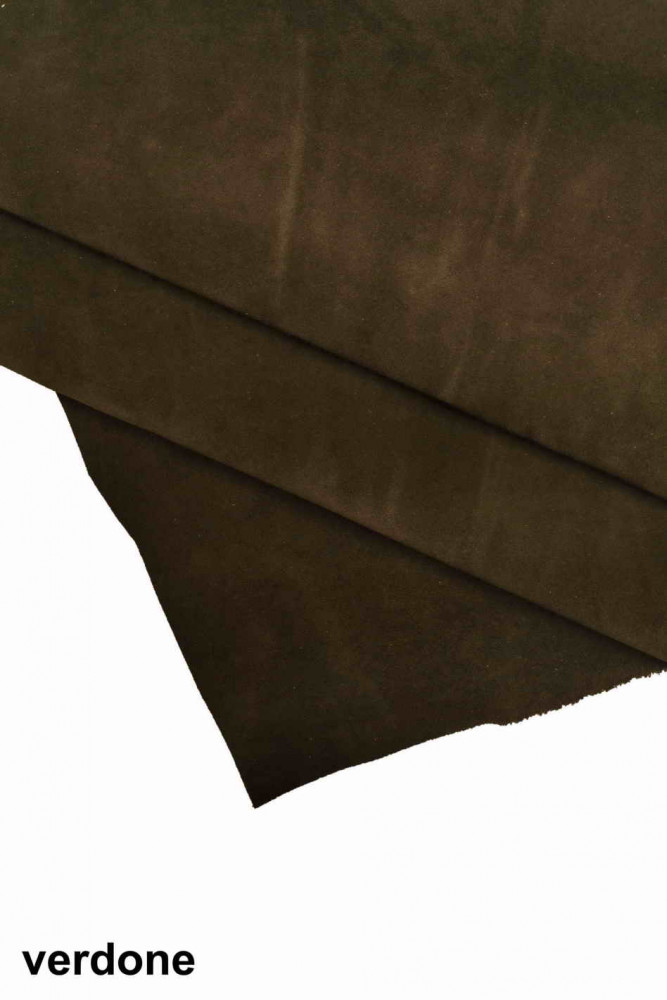 Brown tan green SUEDE LEATHER hide, soft solid color calfskin, distressed cow skin