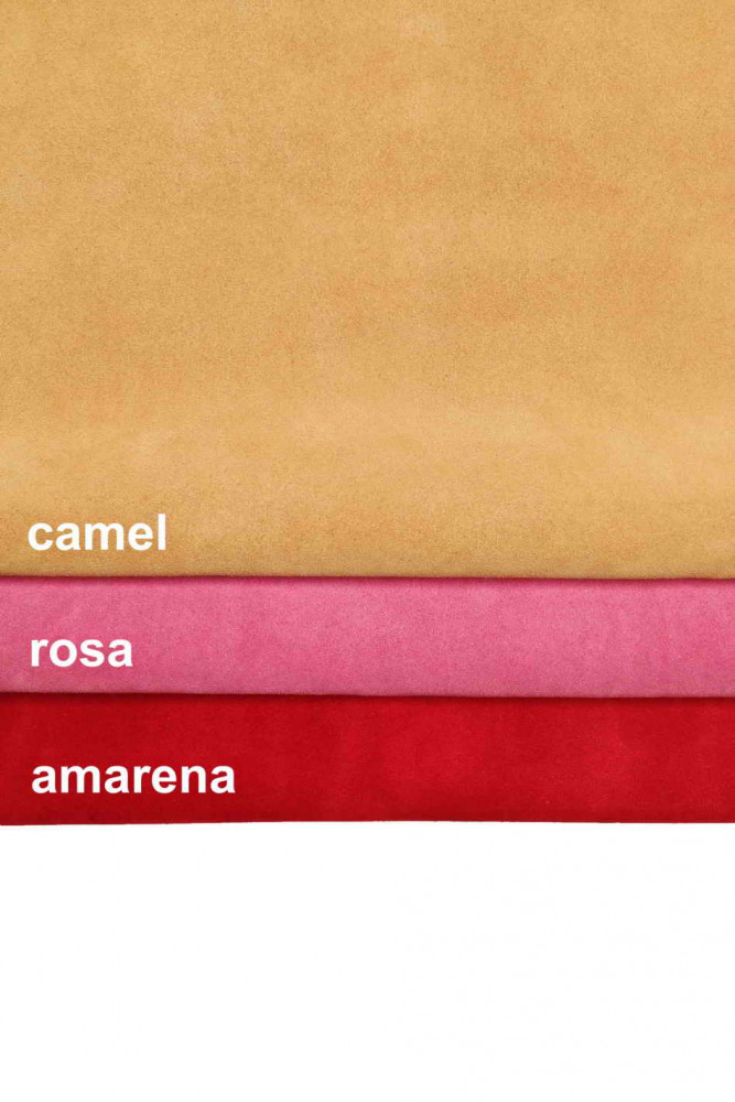 PELLE di CAMOSCIO tinta unita, crosta di vitello color amarena, rosa, camel morbida, con buon effetto scrivenza