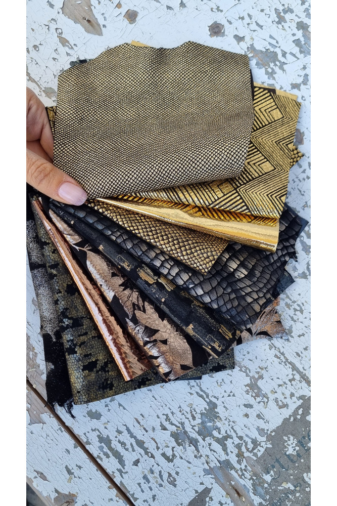 10 Selected leather scraps, GOLD nd BRONZE tones, mix metallic printed selection of leather remnants as per pictures  RT32