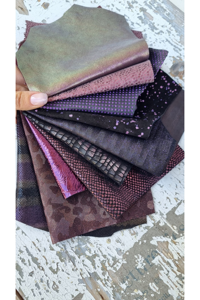 10 Selected leather SCRAPS, yPURPLE, mix metallic textured selection of leather remnants as per pictures  RT36