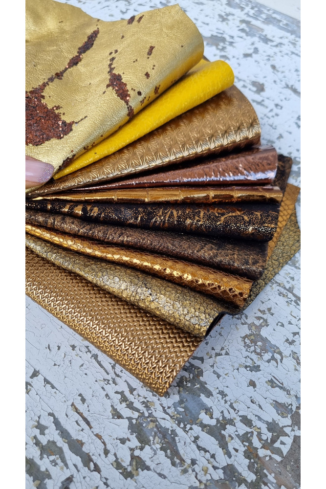 10 Selected leather SCRAPS, brown tones, mix METALLIC printed selection of  leather remnants as per pictures