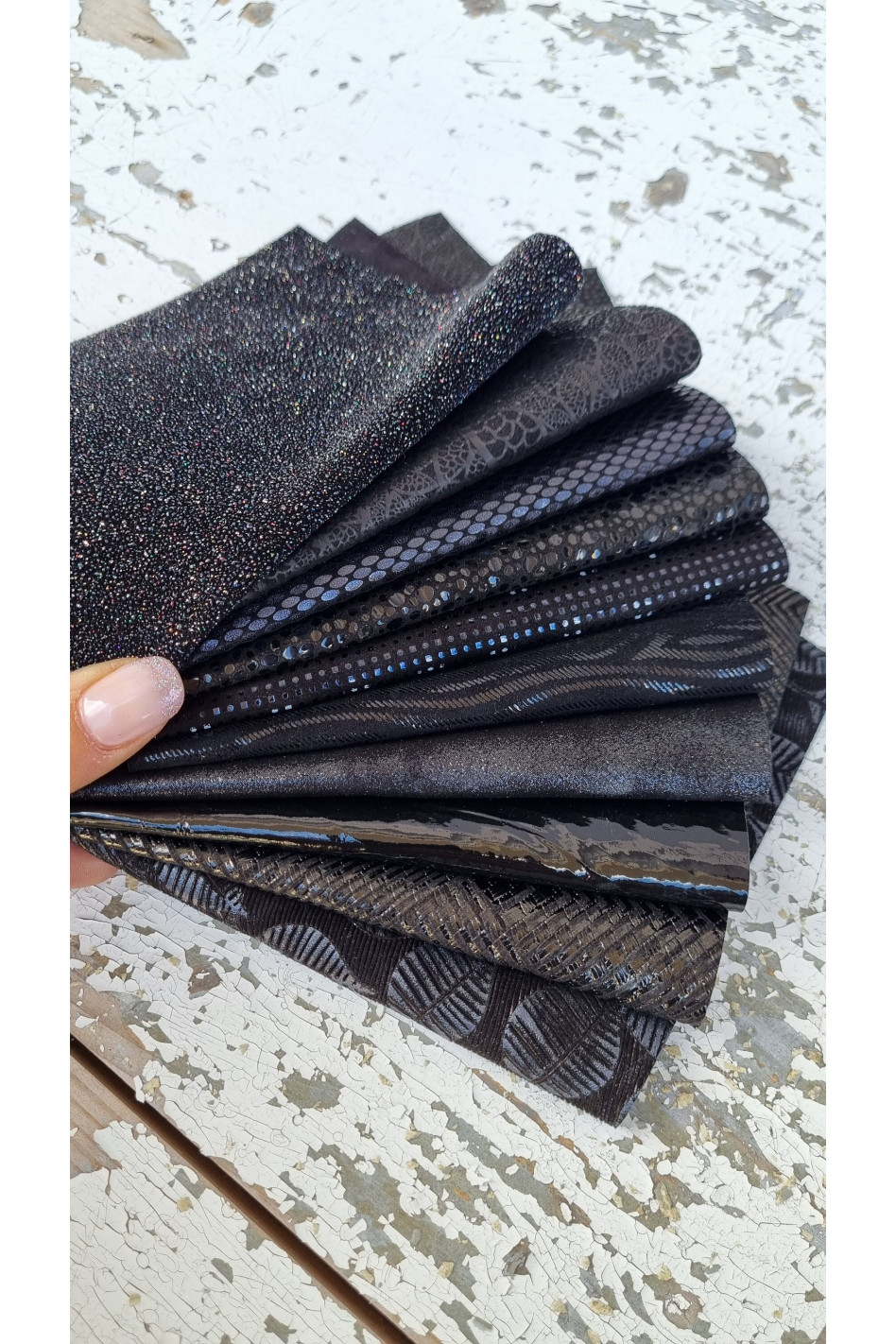 10 Selected leather SCRAPS, color BLACK, mix metallic printed selection of leather  remnants as per pictures