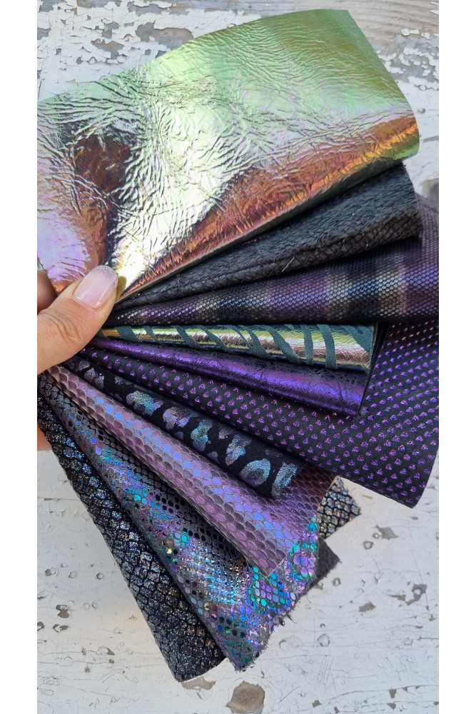 10 selected leather scraps, PURPLE and VIOLET metallic, textured, printed selection of leather remnants as per pictures  RT15