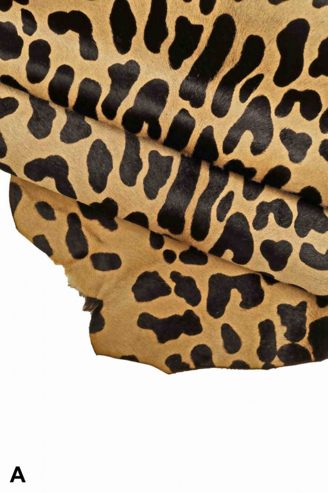 Pelle stampa LEOPARDO su CAVALLINO, vitello pony maculato, pelle animalier leopardata beige-nero