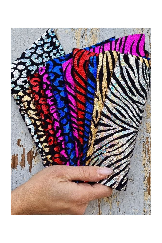 10 Ritagli di pellami unici selezionati, stampa ANIMALIER,  pezzi di pelle assortimento mix di fantasie come da foto