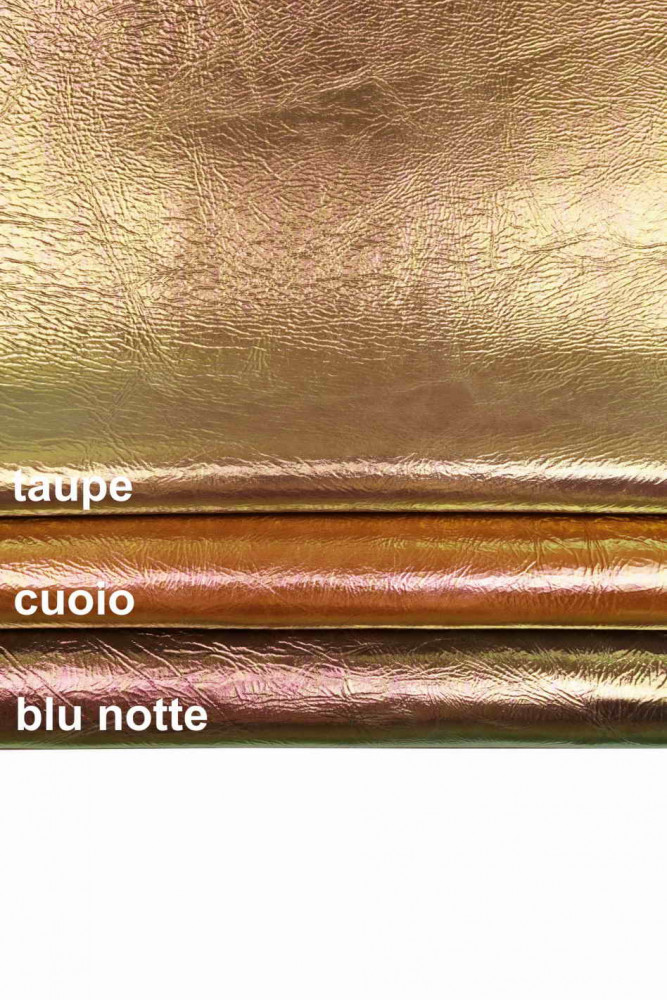 Pelle CANGIANTE LAMINATA, pellame metallizzato stropicciato iridescente taupe, cuoio, blu notte