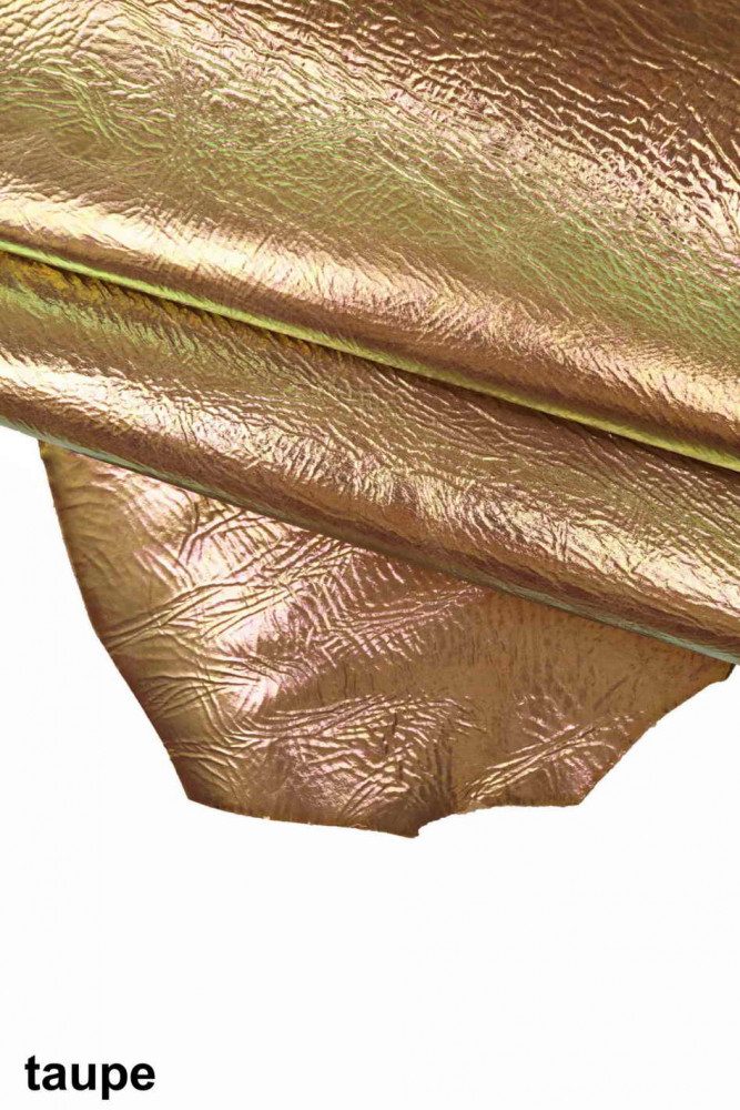 IRIDESCENT METALLIC leather skin, wrinkled oleographic hide, taupe, tan, night blue goatskins