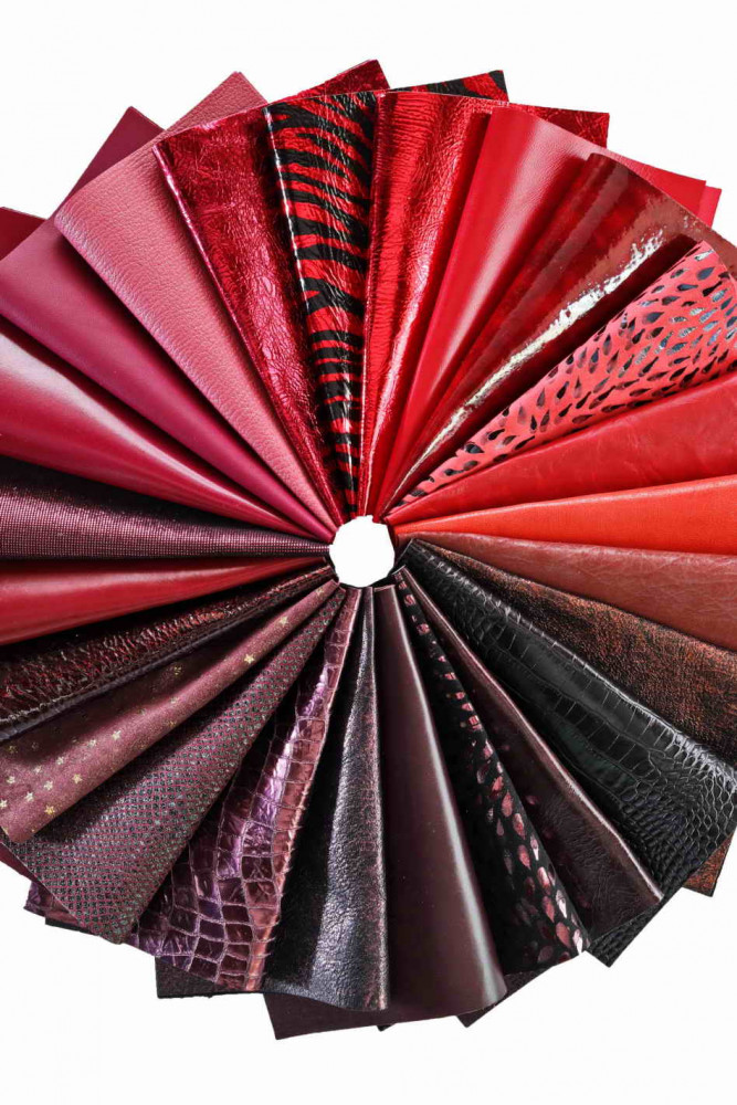 Leather sheets RED BURGUNDY, pre cut leather pieces random selection, mix  metallic, printed cut off