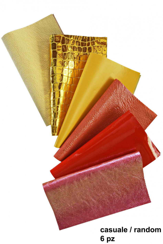 Leather sheets YELLOW ORANGE, pre cut leather pieces random selection, mix  metallic, printed cut off